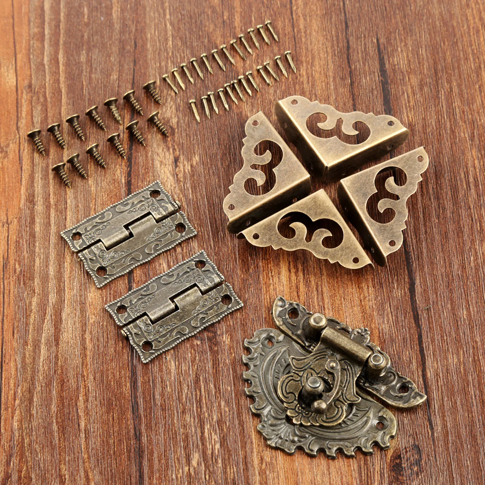 Furniture Hardware Antique - 7pcs/set Antique Bronze Padlock Latch Hasp+Hinge+Corner
